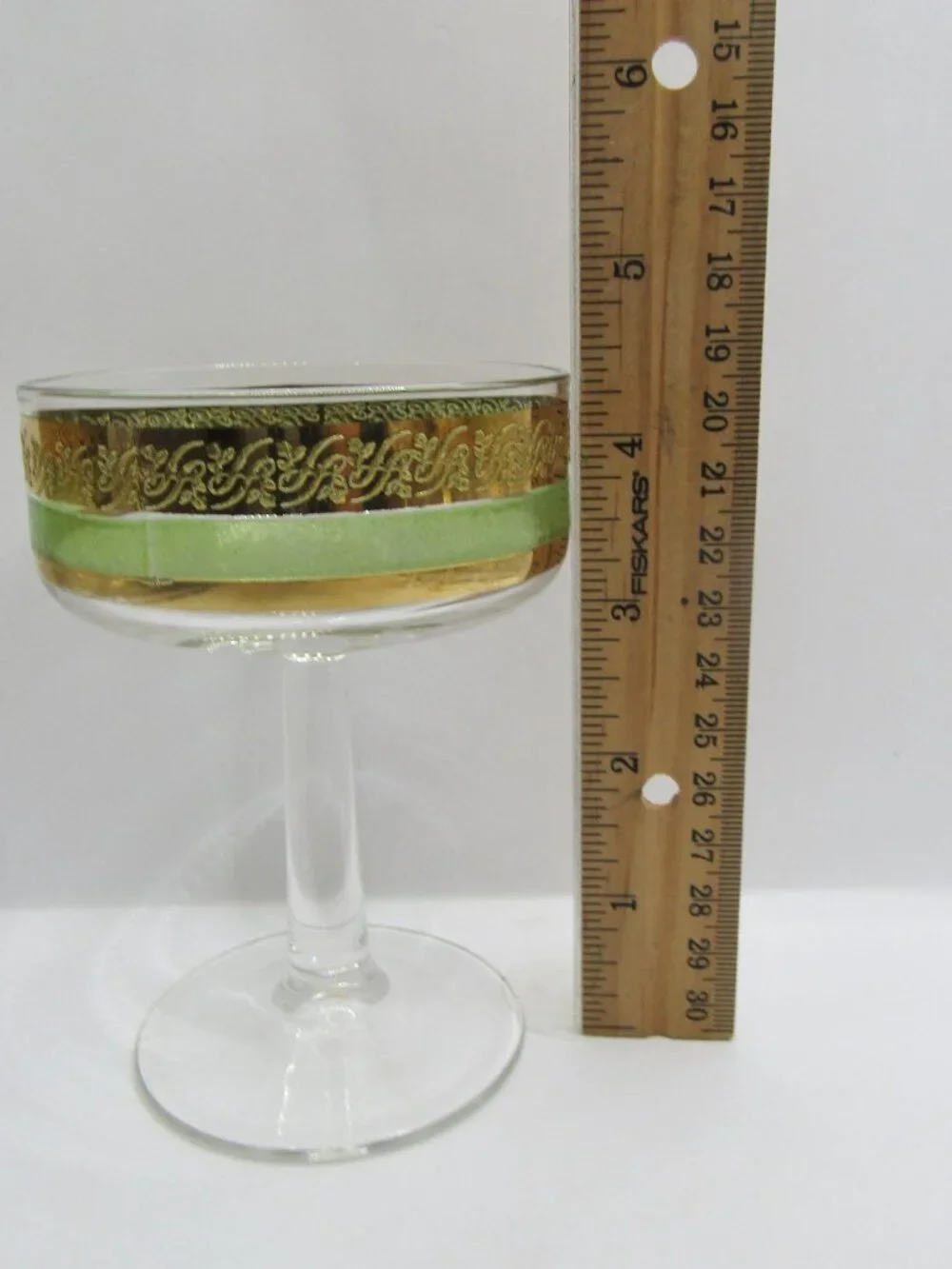 Set of Five Starlyte Green & Gold Scroll Coupe Glasses